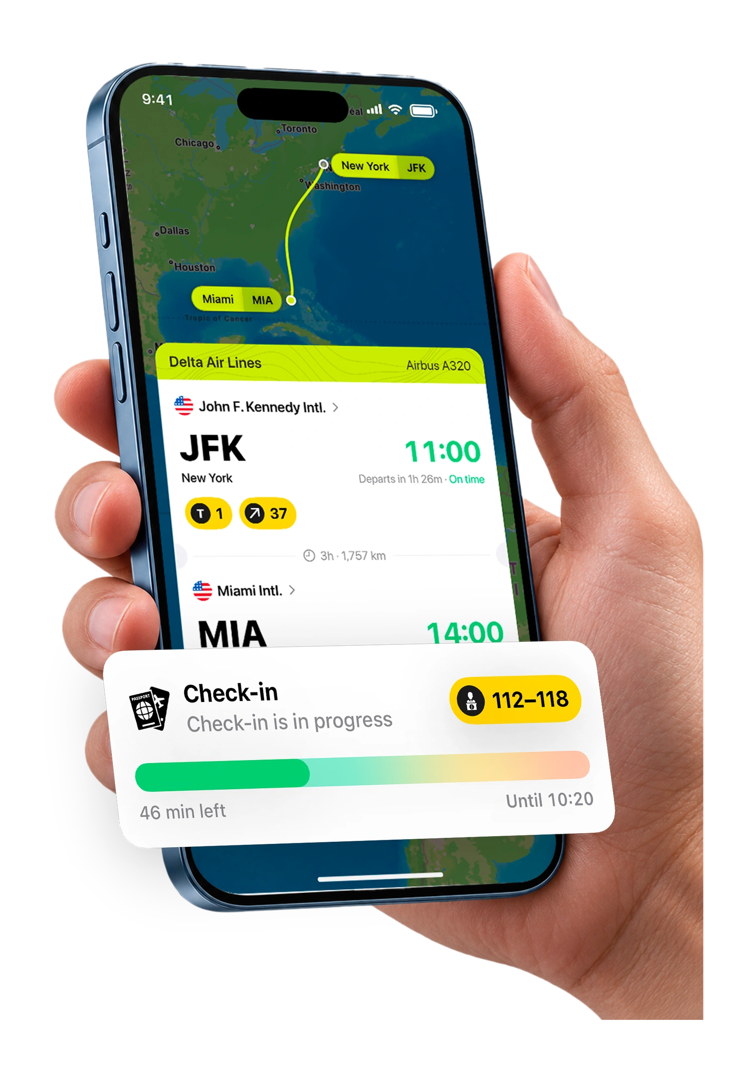 iPhone в руке с маршрутом из Нью-Йорка в Майами и карточкой регистрации FlightPrime