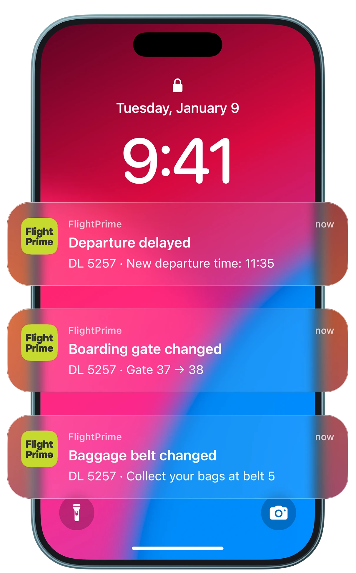 iPhone с уведомлениями FlightPrime об изменениях рейса