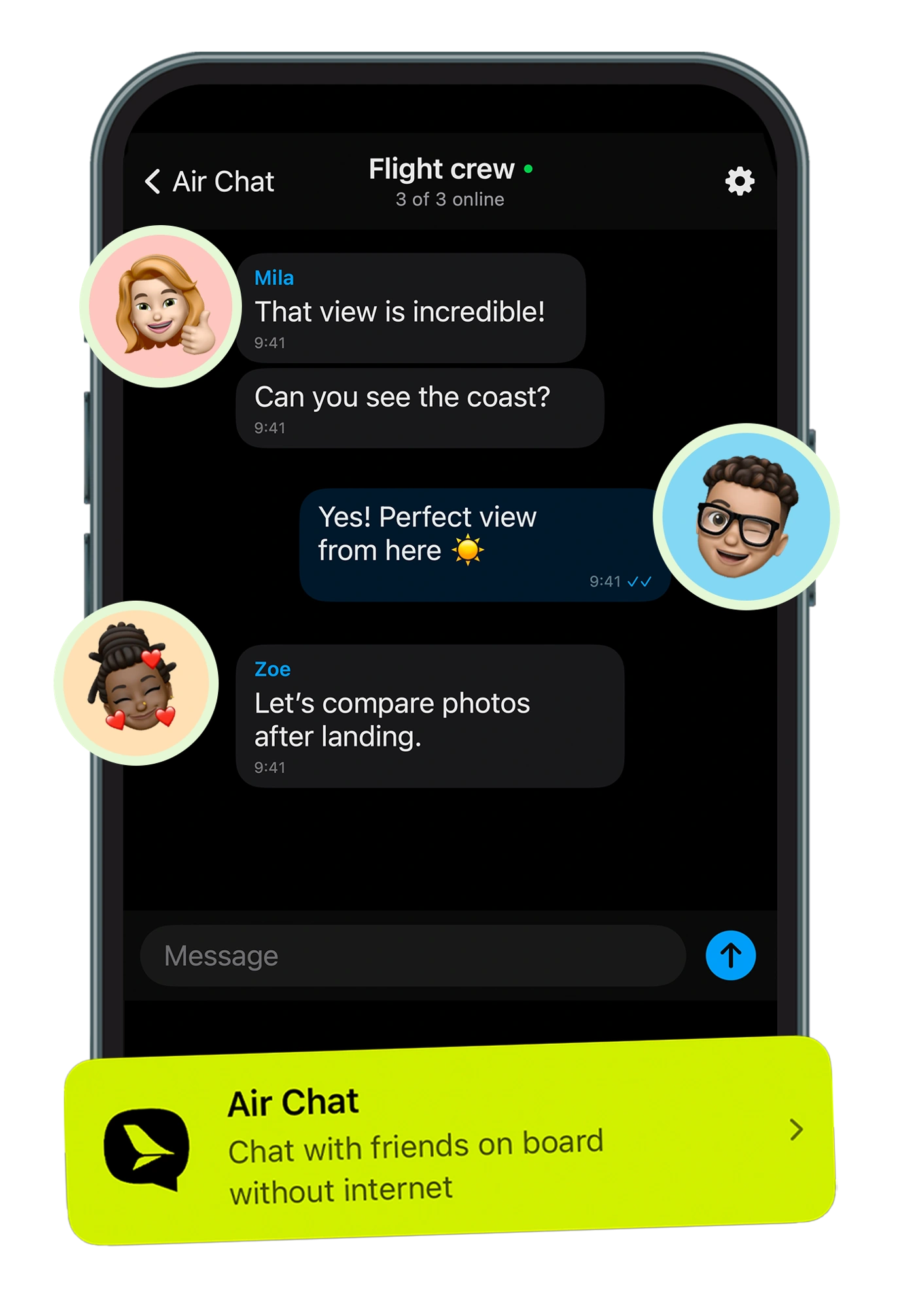 AirChat на iPhone с перепиской и аватарами пассажиров