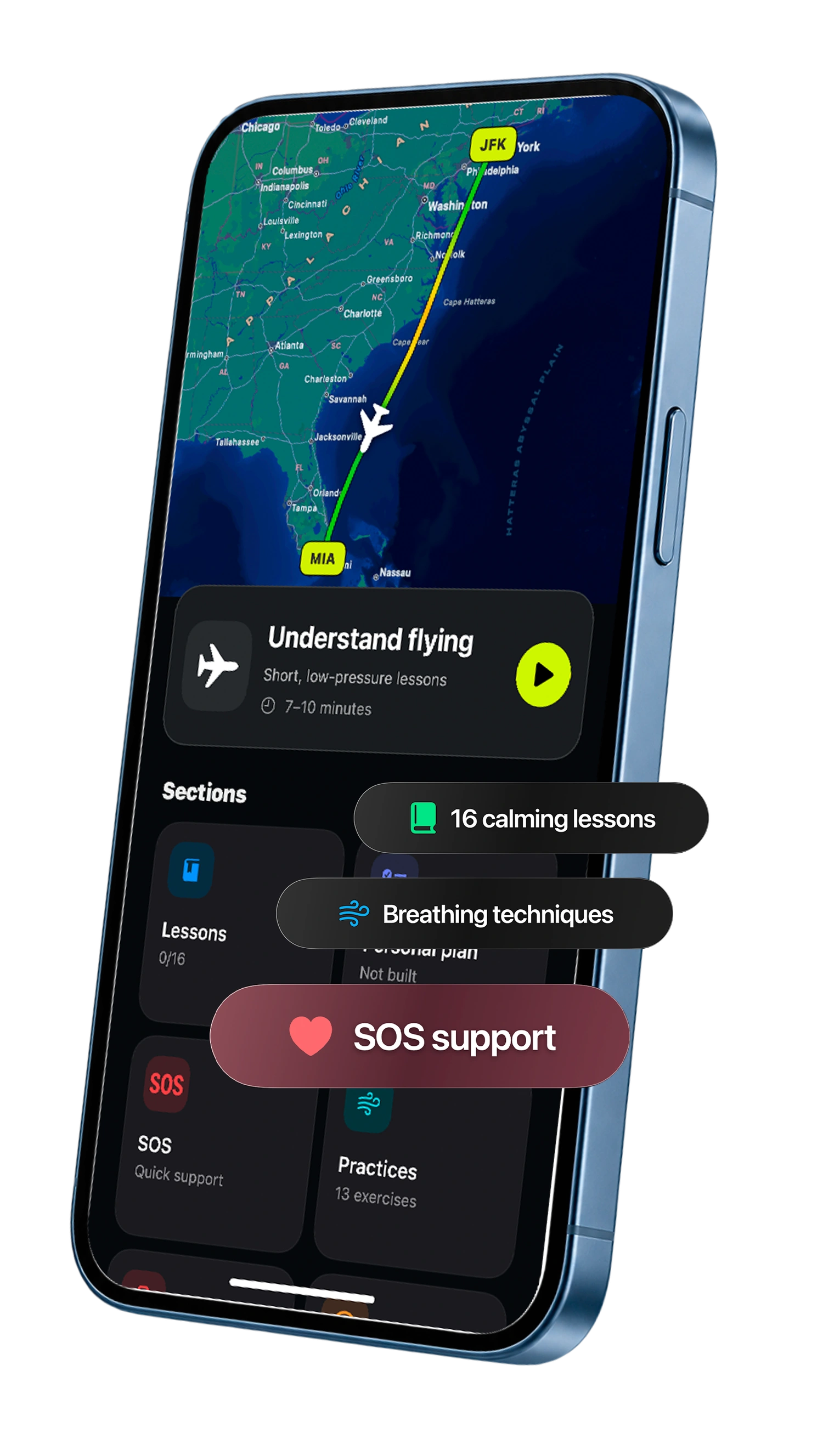 iPhone с картой маршрута, курсом спокойного полёта и практиками SOS